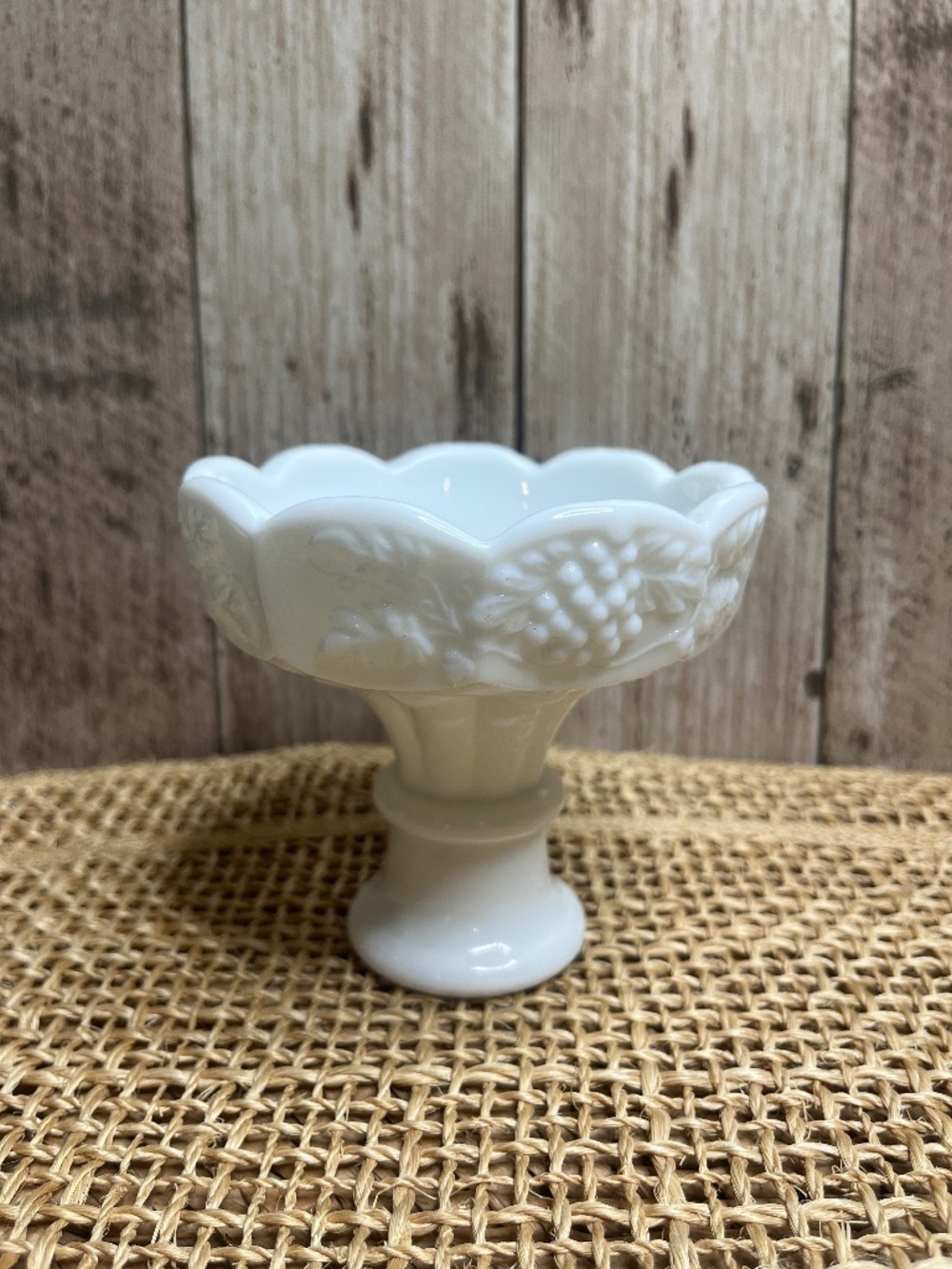 Vintage White Milk Glass Pedestal Bowl Grape Pattern Trinket Dish Cottage Decor